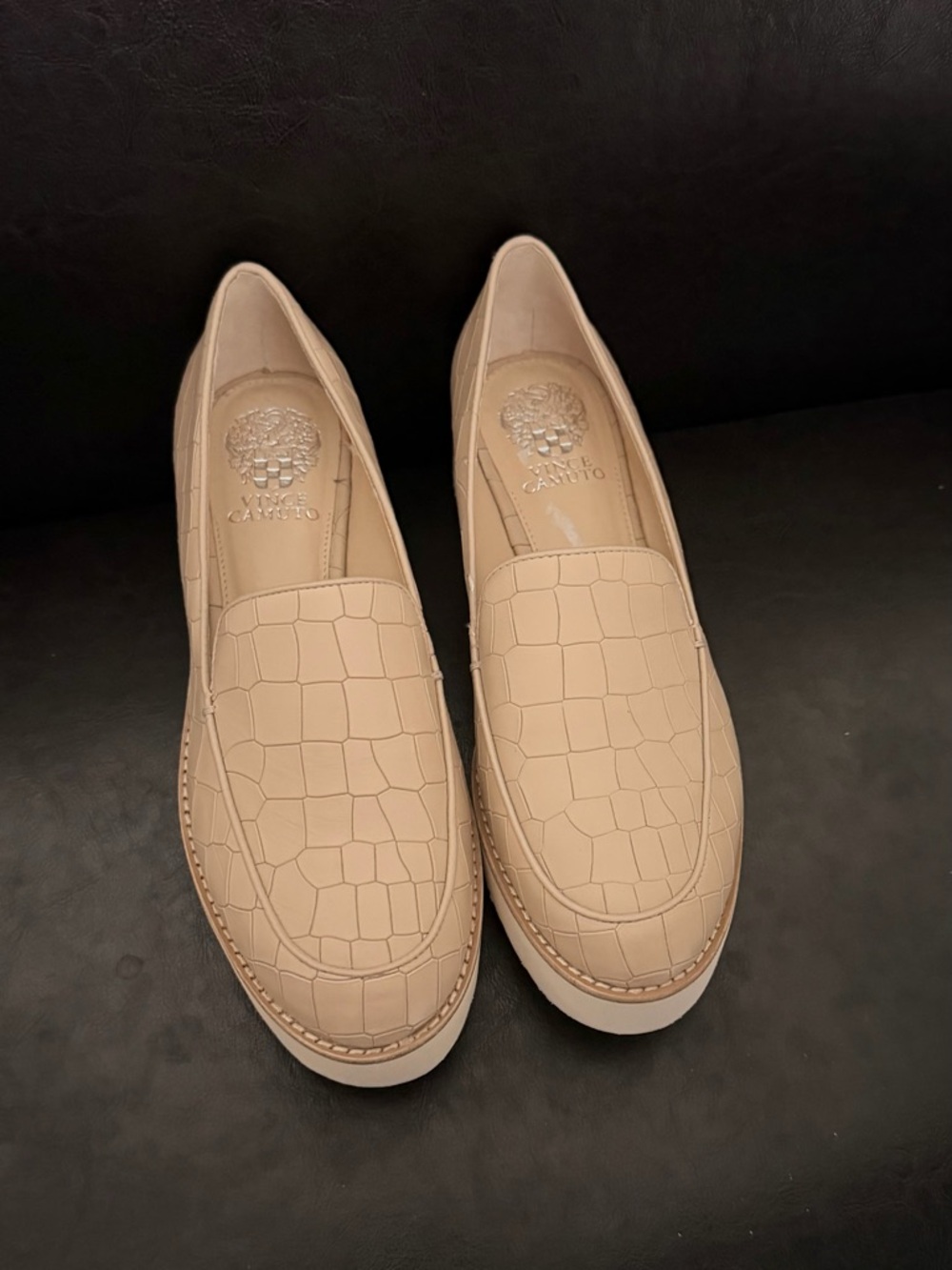 Vince Camuto Neutral Beige Croc-Embossed Slip-On Loafers